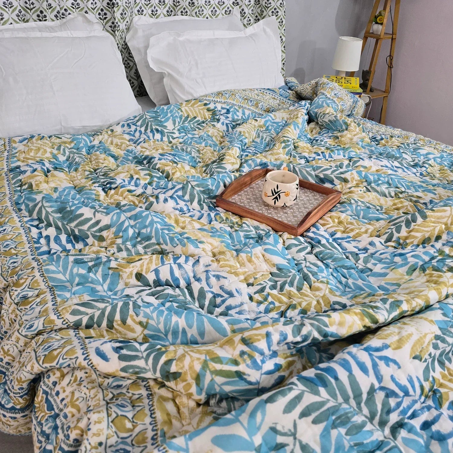 Hand Block Printed Jaipuri Cotton Quilt – Blue & Yellow Leaf (90X108 Inches)
